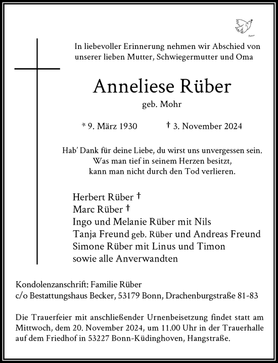 Anzeige von Anneliese Rüber von General-Anzeiger Bonn