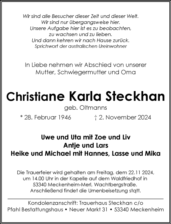 Anzeige von Christiane Karla Steckhan von General-Anzeiger Bonn