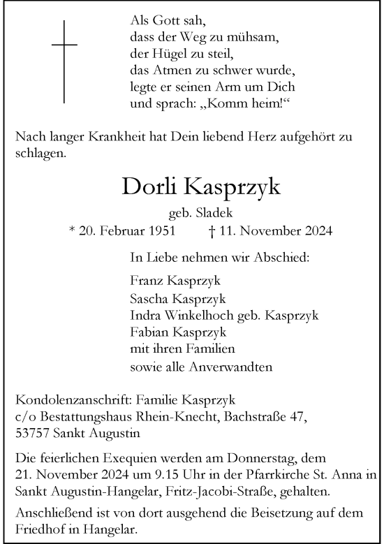 Anzeige von Dorli Kasprzyk von General-Anzeiger Bonn