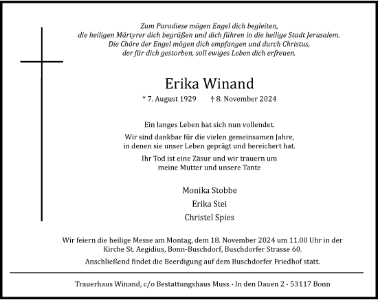 Anzeige von Erika Winand von General-Anzeiger Bonn