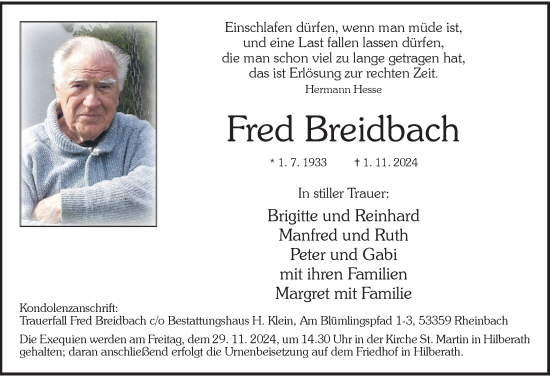 Anzeige von Fred Breidbach von General-Anzeiger Bonn