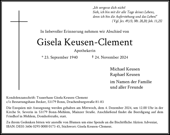 Anzeige von Gisela Keusen-Clement von General-Anzeiger Bonn