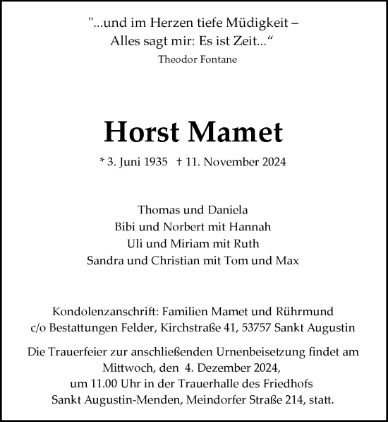 Anzeige von Horst Mamet von General-Anzeiger Bonn