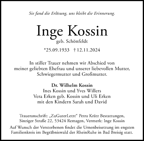 Anzeige von Inge Kossin von General-Anzeiger Bonn