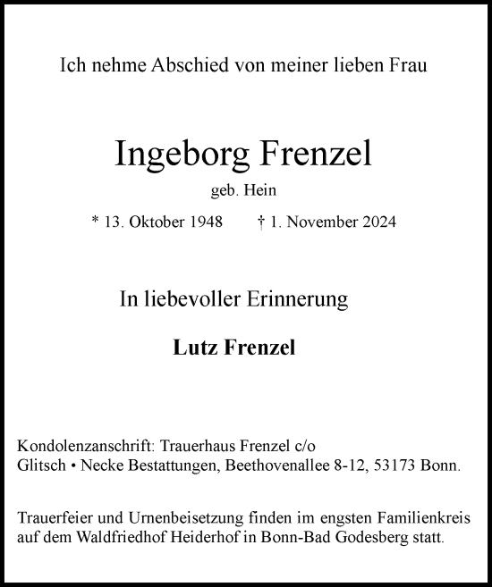 Anzeige von Ingeborg Frenzel von General-Anzeiger Bonn