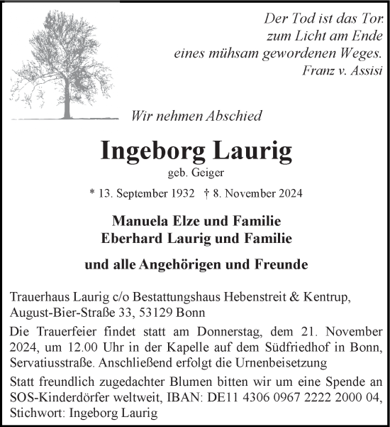 Anzeige von Ingeborg Laurig von General-Anzeiger Bonn