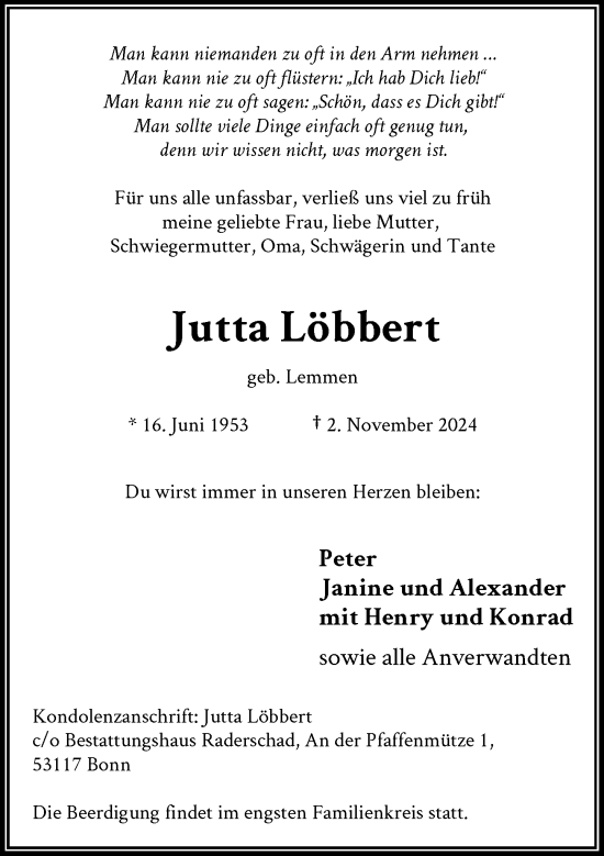 Anzeige von Jutta Löbbert von General-Anzeiger Bonn