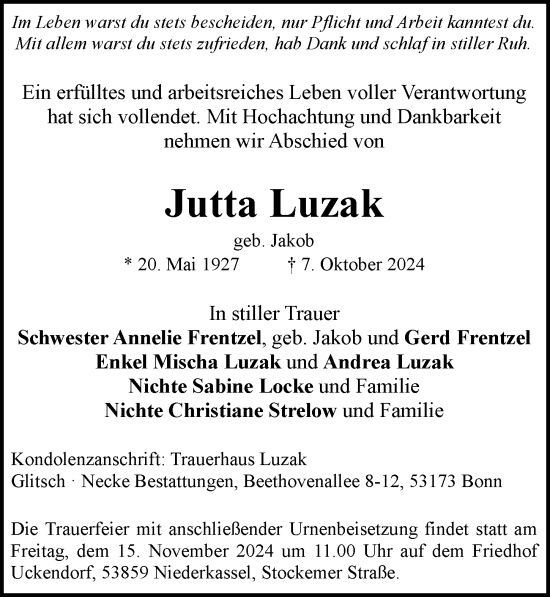 Anzeige von Jutta Luzak von General-Anzeiger Bonn