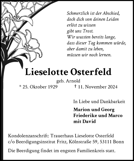 Anzeige von Lieselotte Osterfeld von General-Anzeiger Bonn