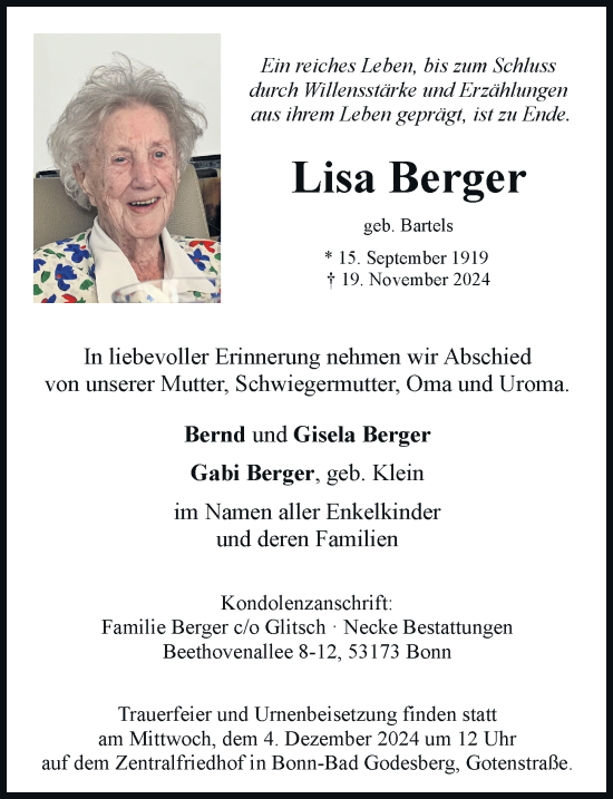 Anzeige von Lisa Berger von General-Anzeiger Bonn