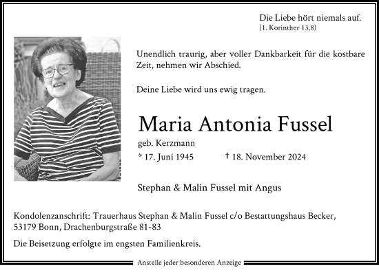 Anzeige von Maria Antonia Fussel von General-Anzeiger Bonn