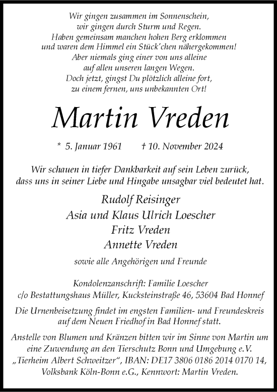 Anzeige von Martin Vreden von General-Anzeiger Bonn