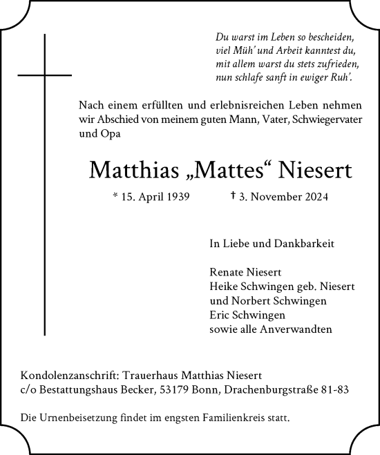 Anzeige von Matthias Niesert von General-Anzeiger Bonn