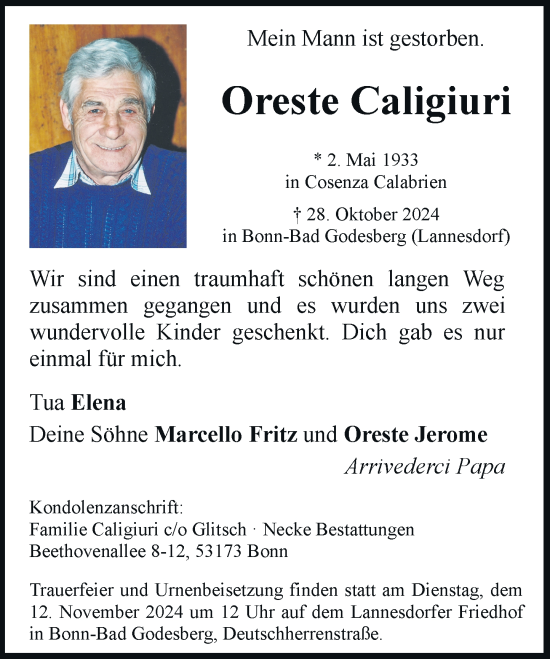 Anzeige von Oreste Caligiuri von General-Anzeiger Bonn