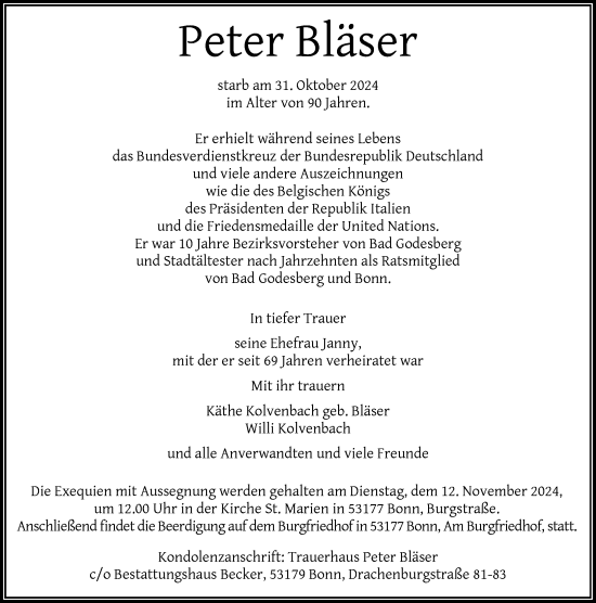 Anzeige von Peter Bläser von General-Anzeiger Bonn