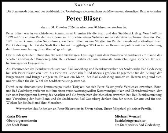 Anzeige von Peter Bläser von General-Anzeiger Bonn