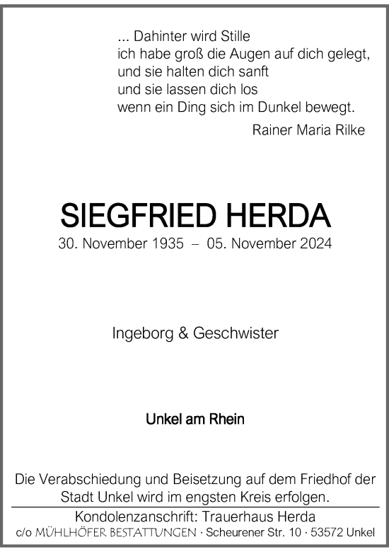 Anzeige von Siegfried Herda von General-Anzeiger Bonn