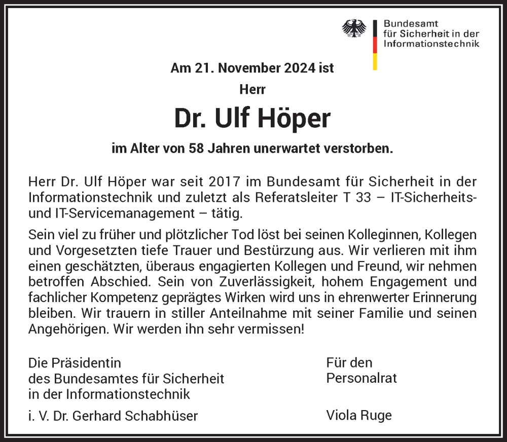  Traueranzeige für Ulf Höper vom 30.11.2024 aus General-Anzeiger Bonn