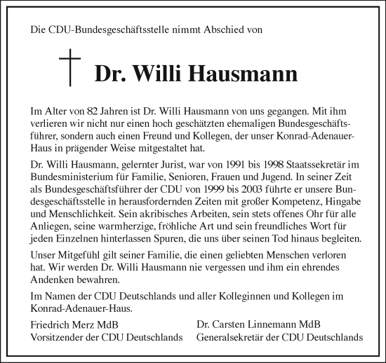 Anzeige von Willi Hausmann von General-Anzeiger Bonn