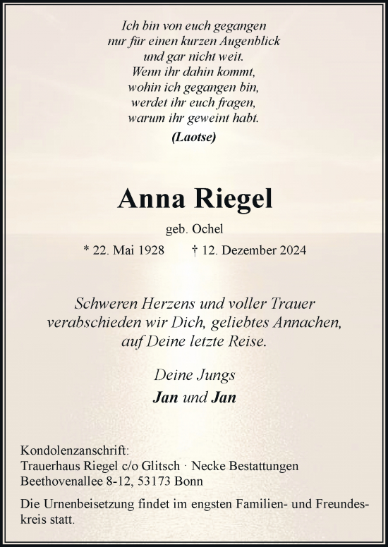 Anzeige von Anna Riegel von General-Anzeiger Bonn