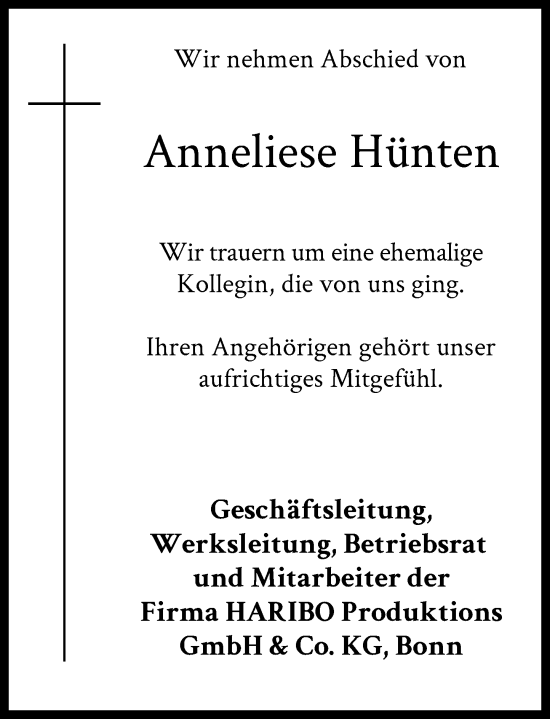 Anzeige von Anneliese Hünten von General-Anzeiger Bonn