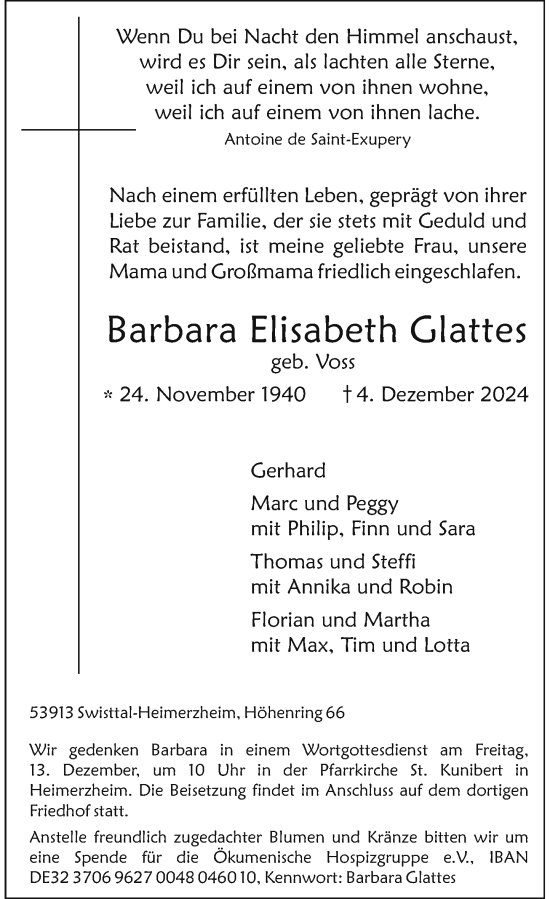 Anzeige von Barbara Elisabeth Glattes von General-Anzeiger Bonn