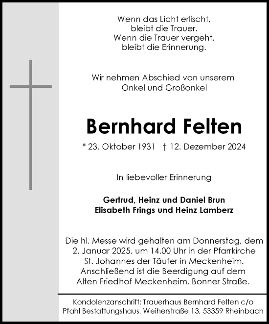 Anzeige von Bernhard Felten von General-Anzeiger Bonn