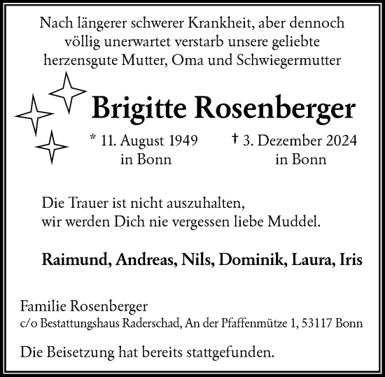 Anzeige von Brigitte Rosenberger von General-Anzeiger Bonn