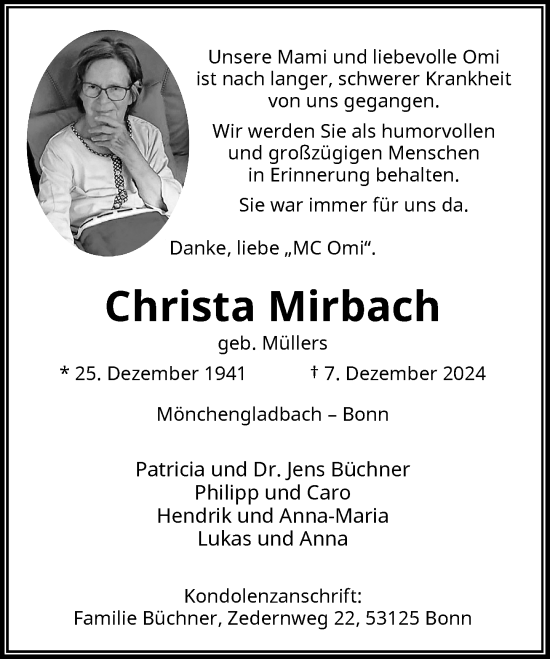 Anzeige von Christa Mirbach von General-Anzeiger Bonn