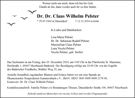 Anzeige von Claus Wilhelm Pelster von General-Anzeiger Bonn