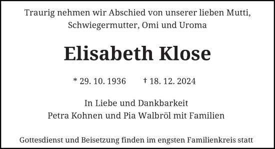 Anzeige von Elisabeth Klose von General-Anzeiger Bonn