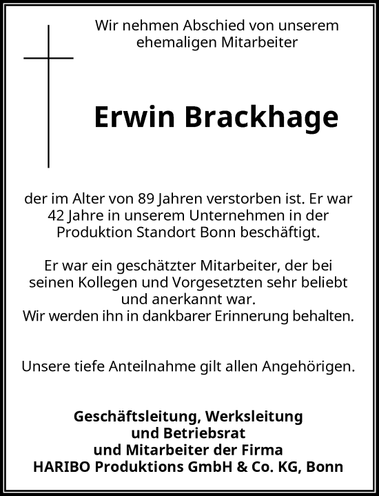 Anzeige von Erwin Brackhage von General-Anzeiger Bonn