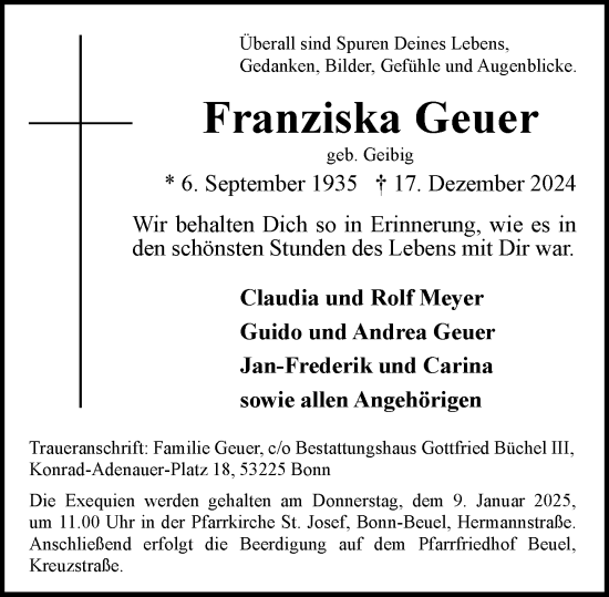 Anzeige von Franziska Geuer von General-Anzeiger Bonn