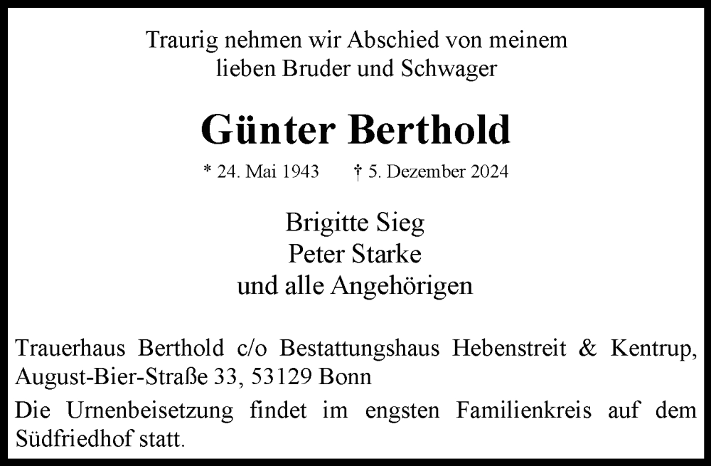  Traueranzeige für Günter Berthold vom 14.12.2024 aus General-Anzeiger Bonn