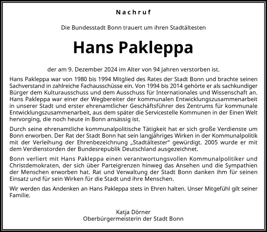 Anzeige von Hans Pakleppa von General-Anzeiger Bonn