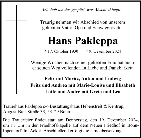 Anzeige von Hans Pakleppa von General-Anzeiger Bonn