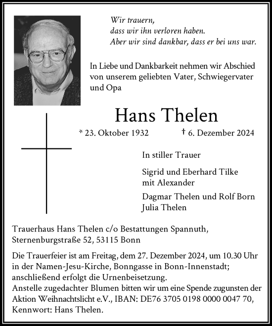 Anzeige von Hans Thelen von General-Anzeiger Bonn