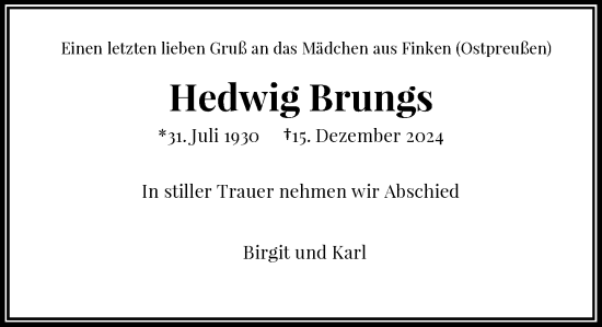 Anzeige von Hedwig Brungs von General-Anzeiger Bonn