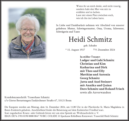 Anzeige von Heidi Schmitz von General-Anzeiger Bonn