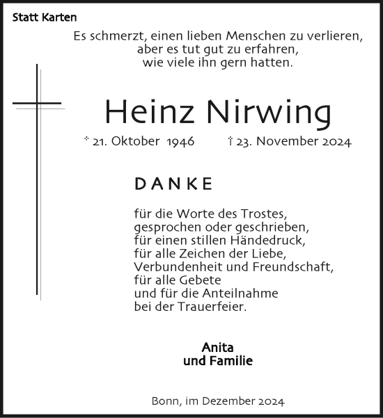 Anzeige von Heinz Nirwing von General-Anzeiger Bonn