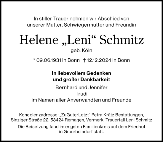 Anzeige von Helene Schmitz von General-Anzeiger Bonn