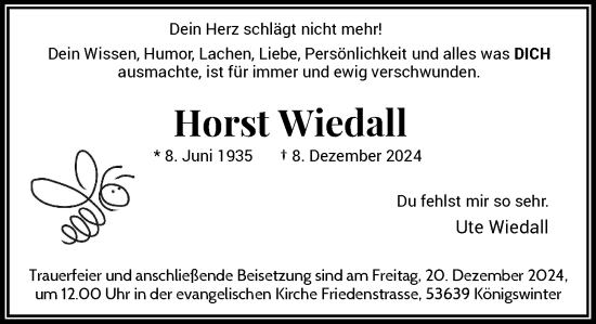 Anzeige von Horst Wiedall von General-Anzeiger Bonn