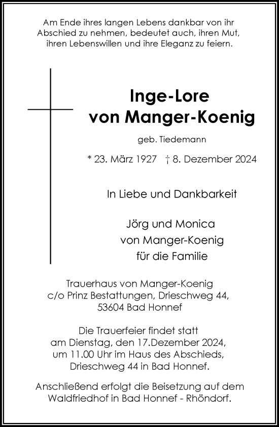 Anzeige von Inge-Lore von Manger-Koenig von General-Anzeiger Bonn