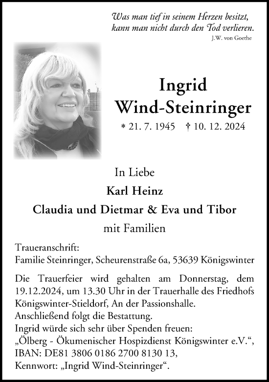 Anzeige von Ingrid Wind-Steinringer von General-Anzeiger Bonn