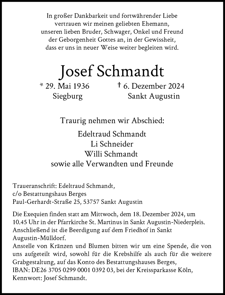  Traueranzeige für Josef Schmandt vom 14.12.2024 aus General-Anzeiger Bonn