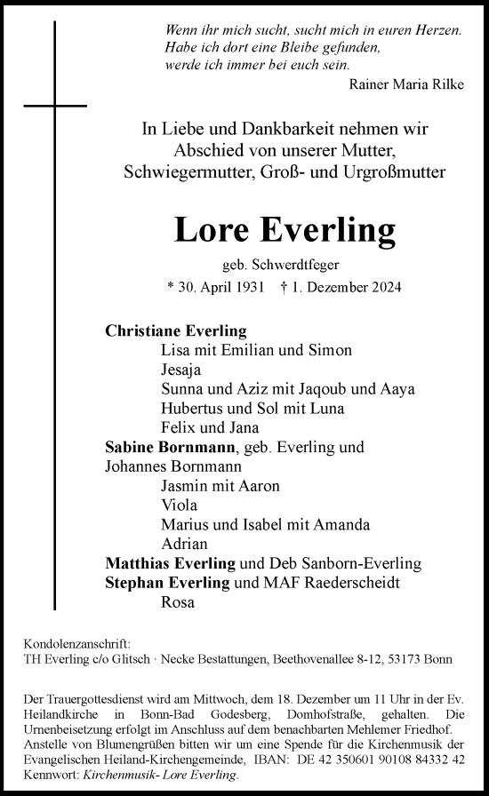 Anzeige von Lore Everling von General-Anzeiger Bonn