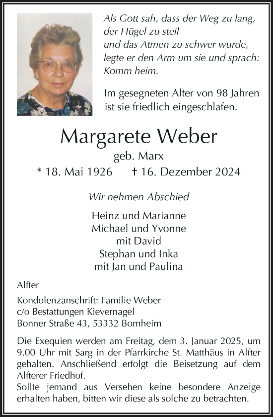 Anzeige von Margarete Weber von General-Anzeiger Bonn