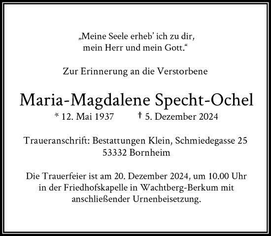 Anzeige von Maria-Magdalene Specht-Ochel von General-Anzeiger Bonn