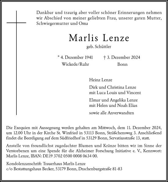 Anzeige von Marlis Lenze von General-Anzeiger Bonn