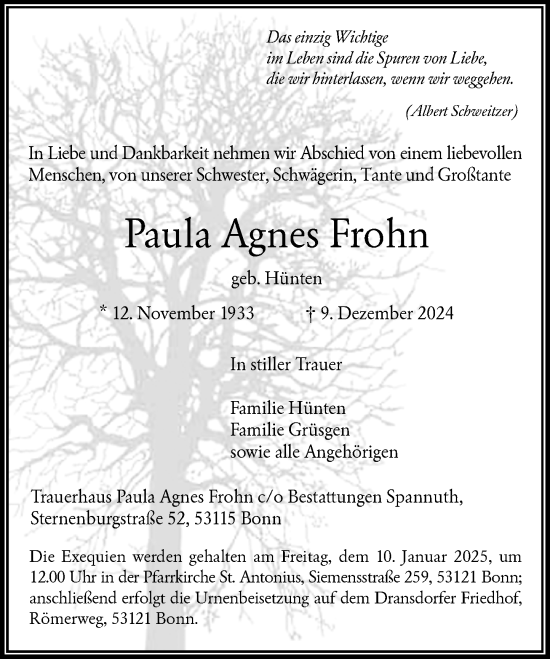 Anzeige von Paula Agnes Frohn von General-Anzeiger Bonn